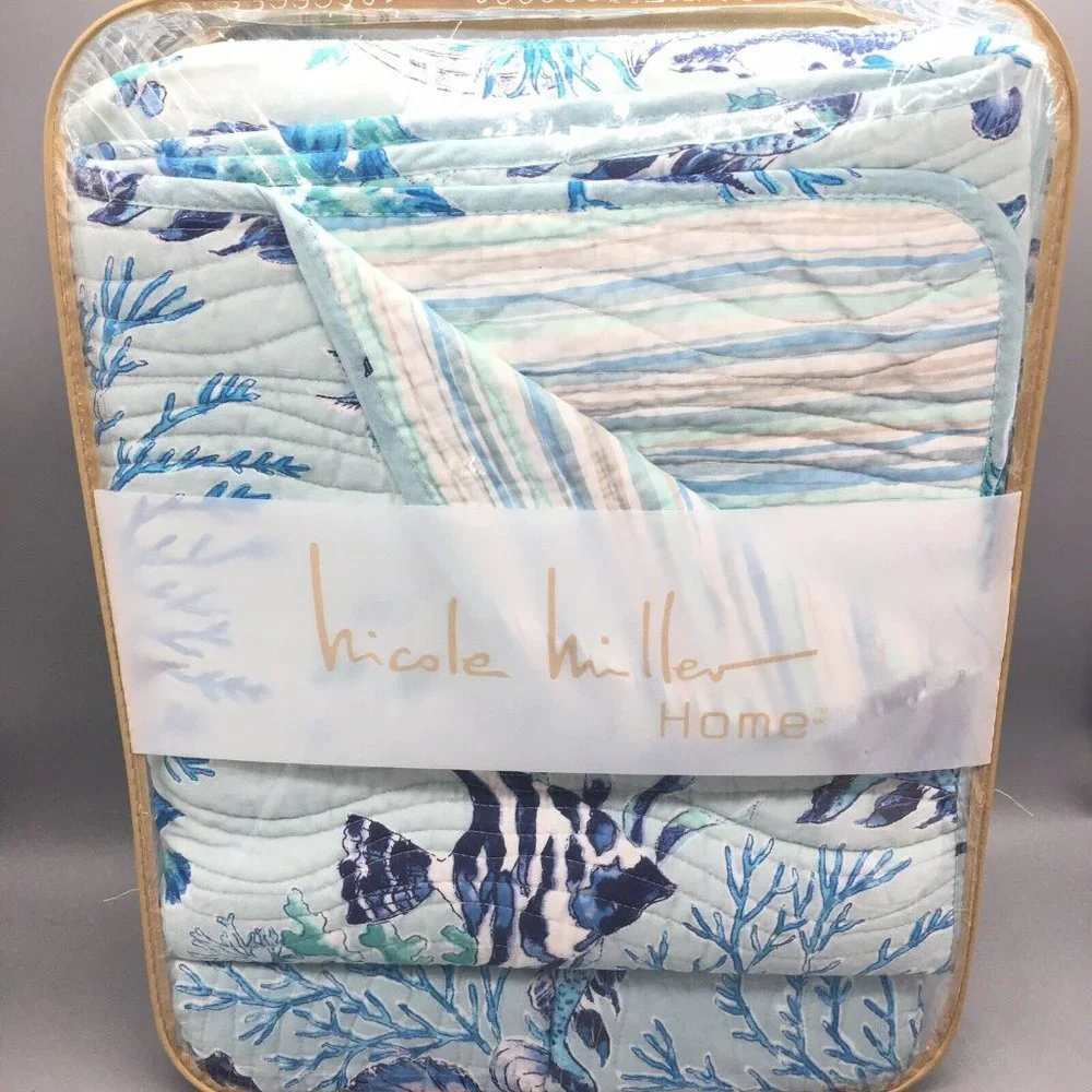3 pc Nicole Miller Ocean FULL QUEEN Quilt Sham Set Tropical Fish Seashell Blue